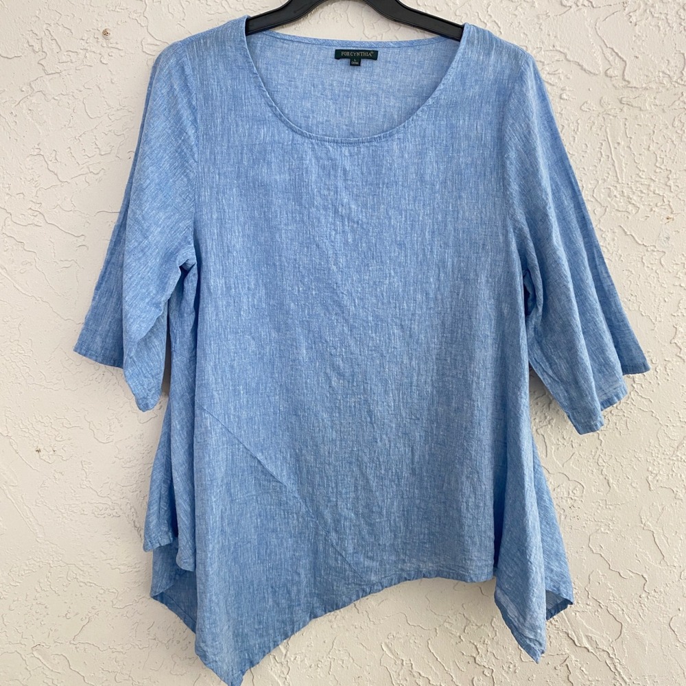 For Cynthia Top Womens Large Coastal Breezy Boho Blue Linen Blend Asymmetric Hem